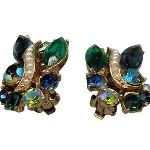 Vintage Clip-On Earrings Green Blue Rhinestone Cluster Faux Pearl Gold Tone